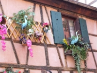 Stork motif on town buildings. Storks frequent and nest in the area's towers.